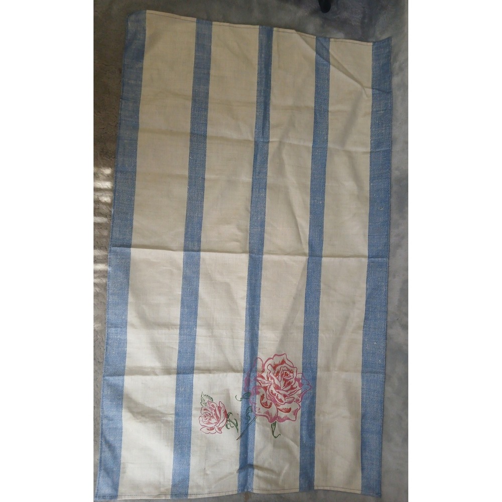 Pure Belgian Linen Tea Towel Blue Striped Pink Rose Floral Farmhouse Kitchen‎